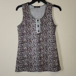 Doe & Rea animal print tank top with wooden fake buttons, NWOT